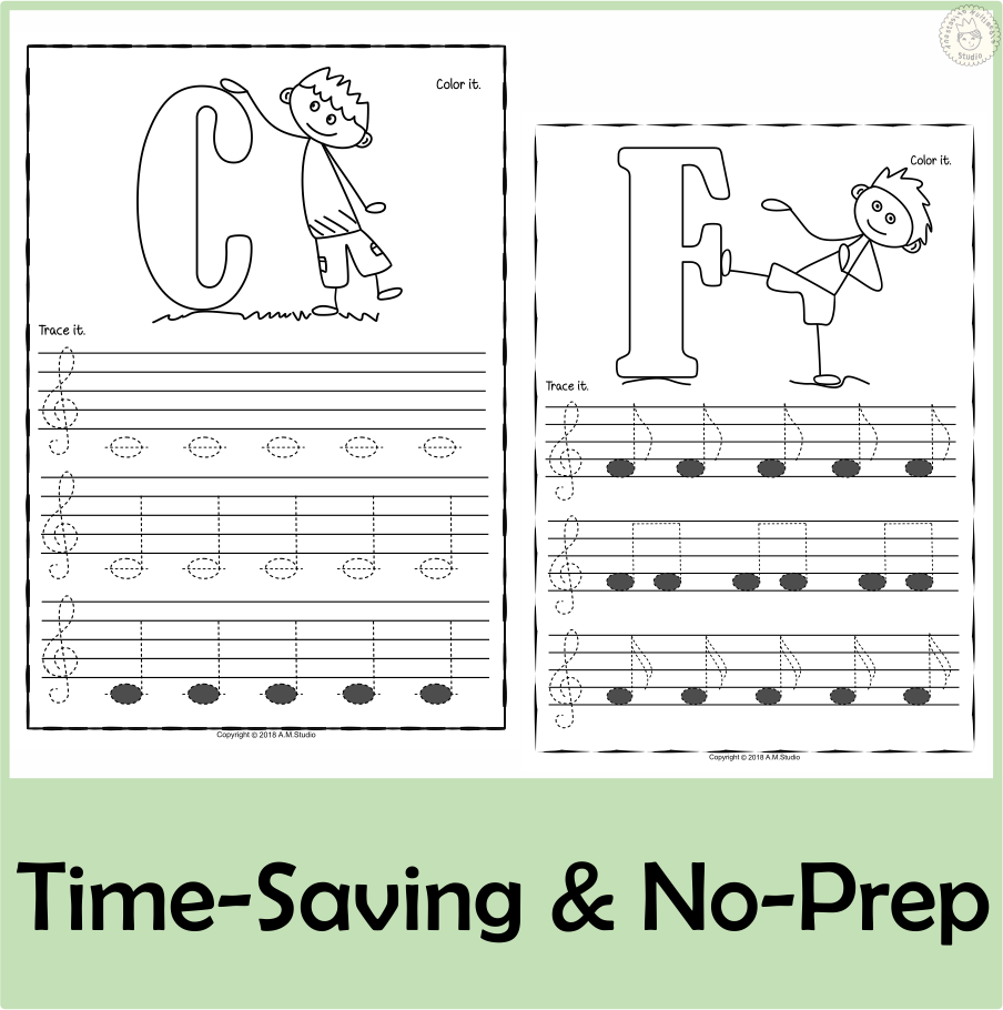 Tracing Music Notes Worksheets for kids {Treble Clef} (img # 1)