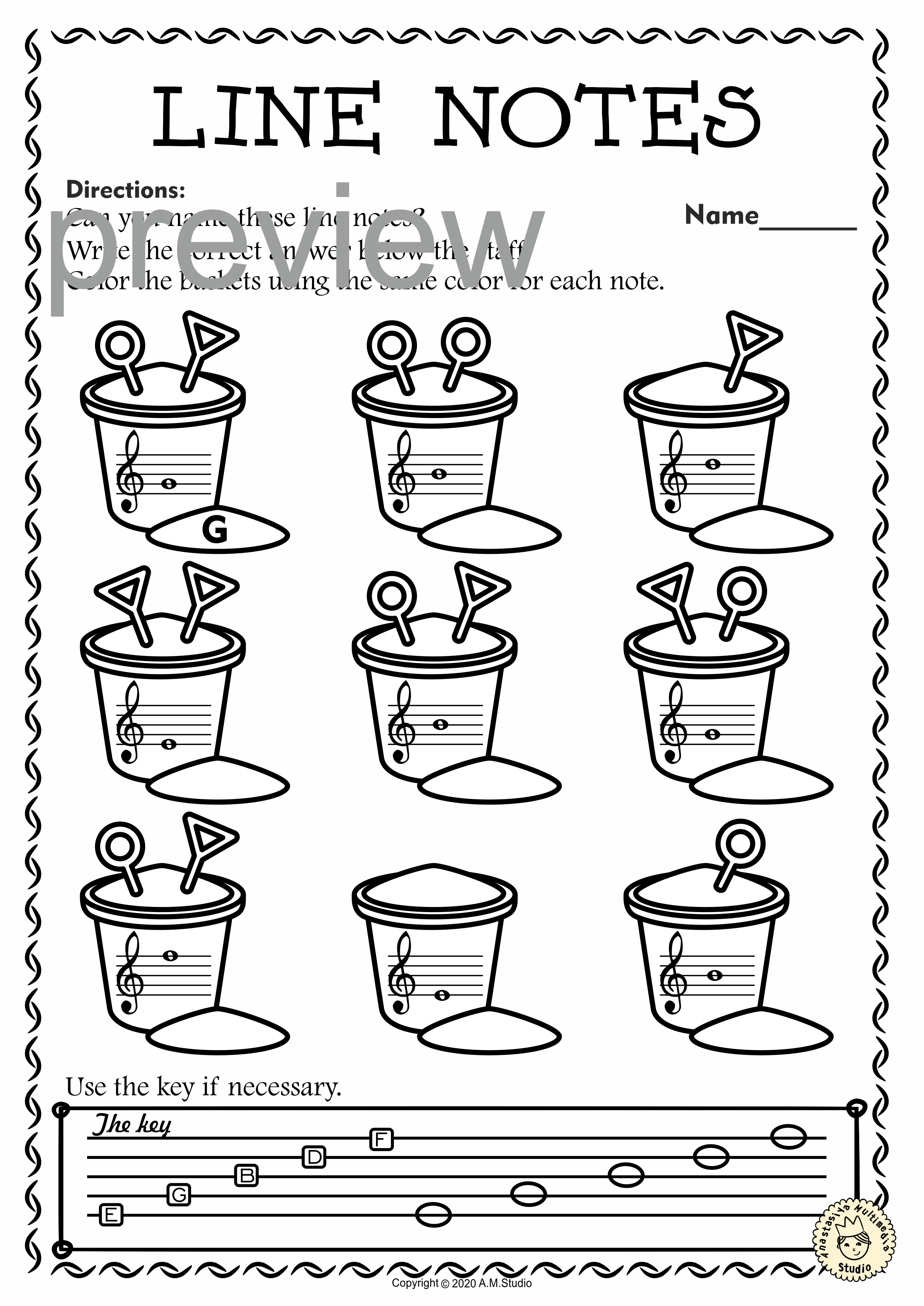 Treble Clef Note Naming Worksheets for Summer with answers (img # 1)