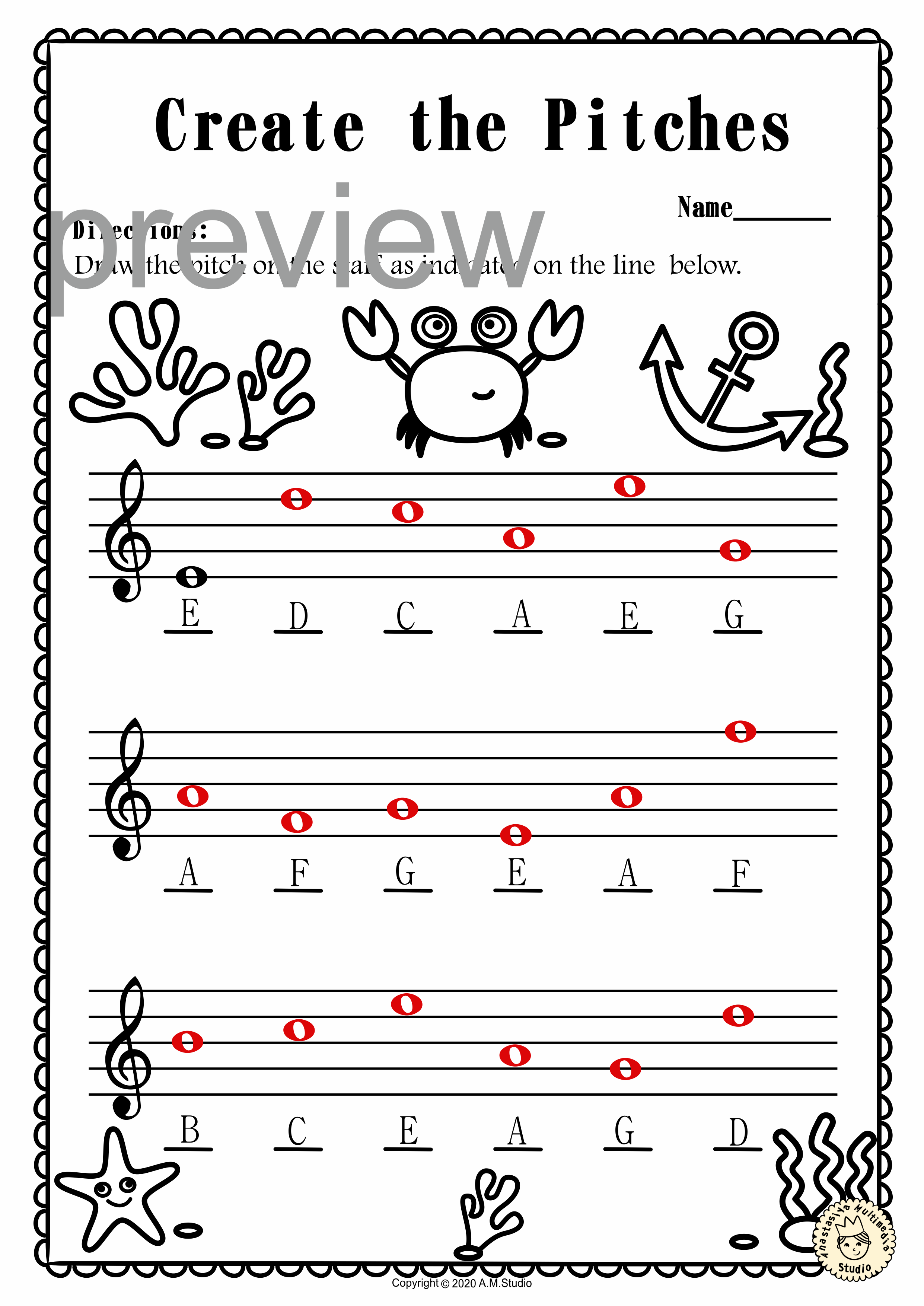 Treble Clef Note Naming Worksheets for Summer with answers