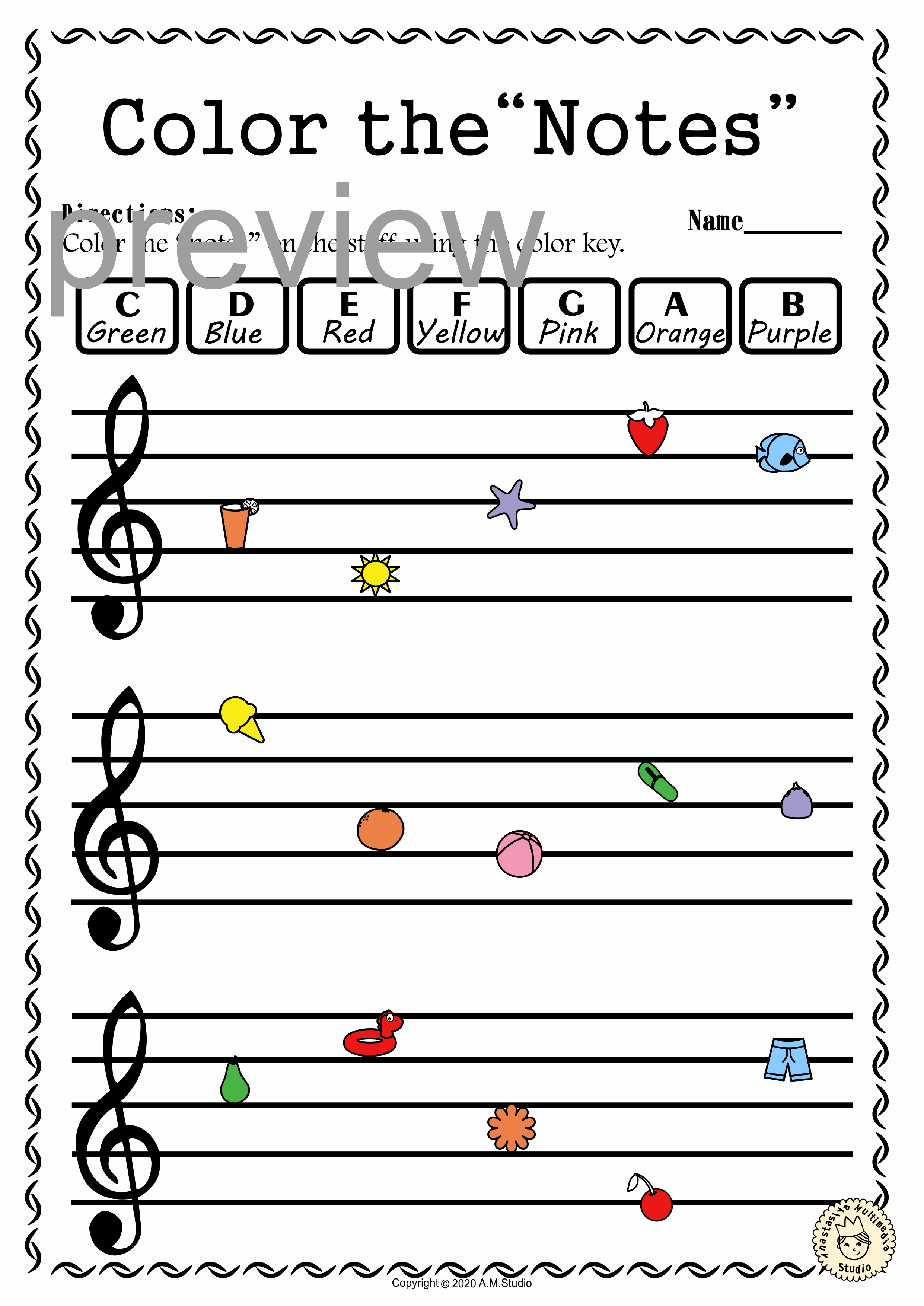 Treble Clef Note Naming Worksheets for Summer with answers (img # 4)