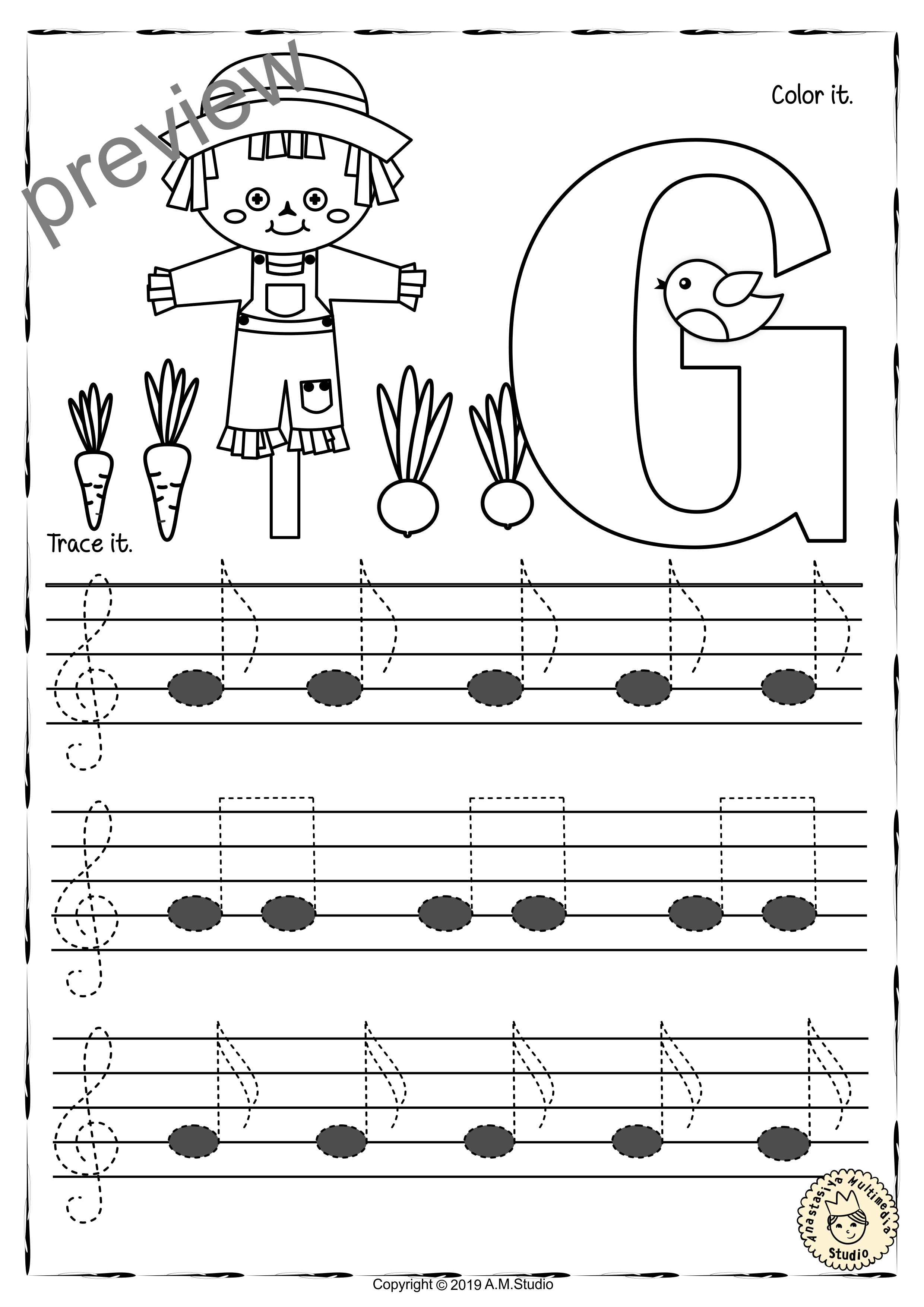 Treble Clef Tracing Music Notes Worksheets for Fall (img # 2)