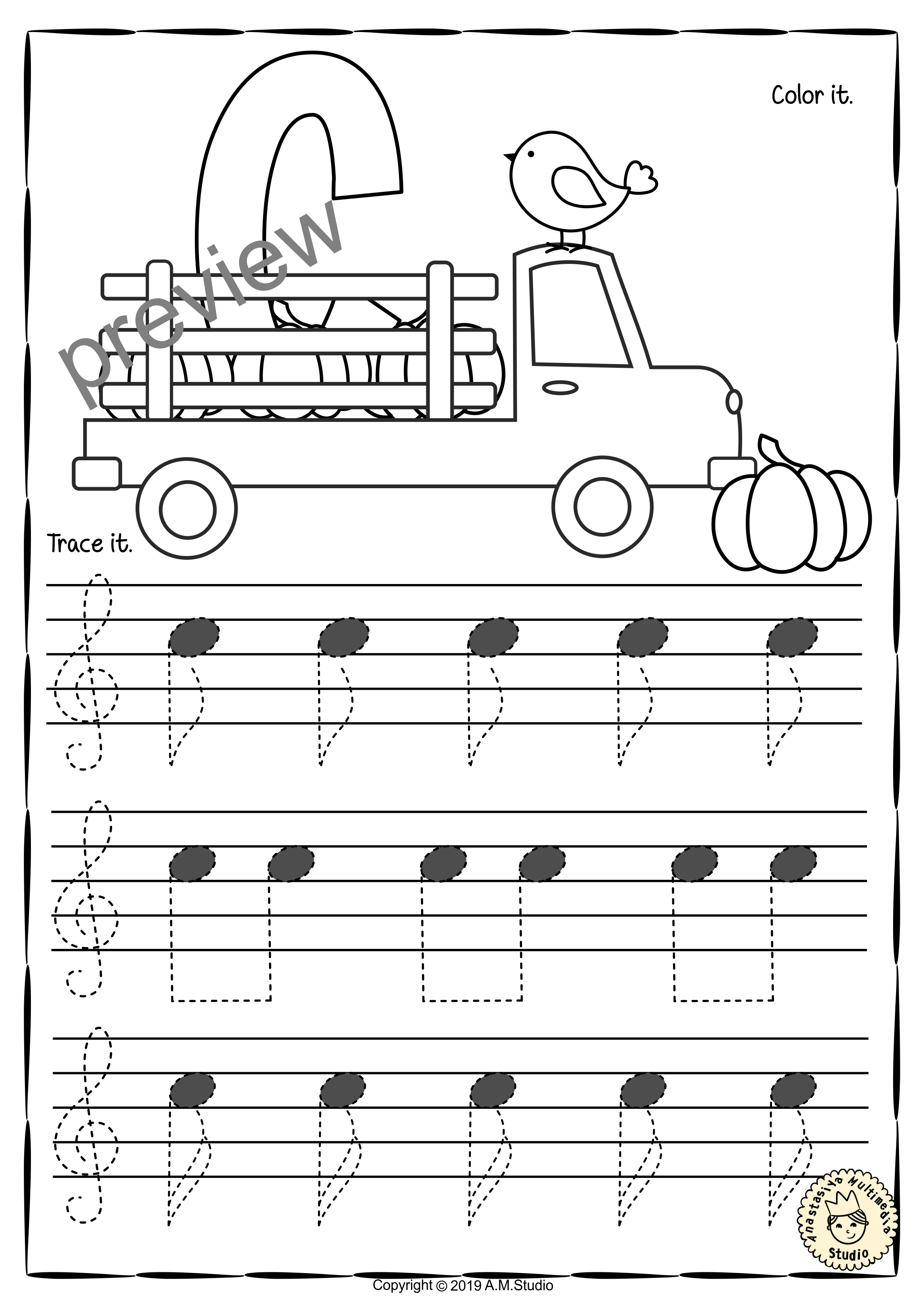Treble Clef Tracing Music Notes Worksheets for Fall (img # 4)