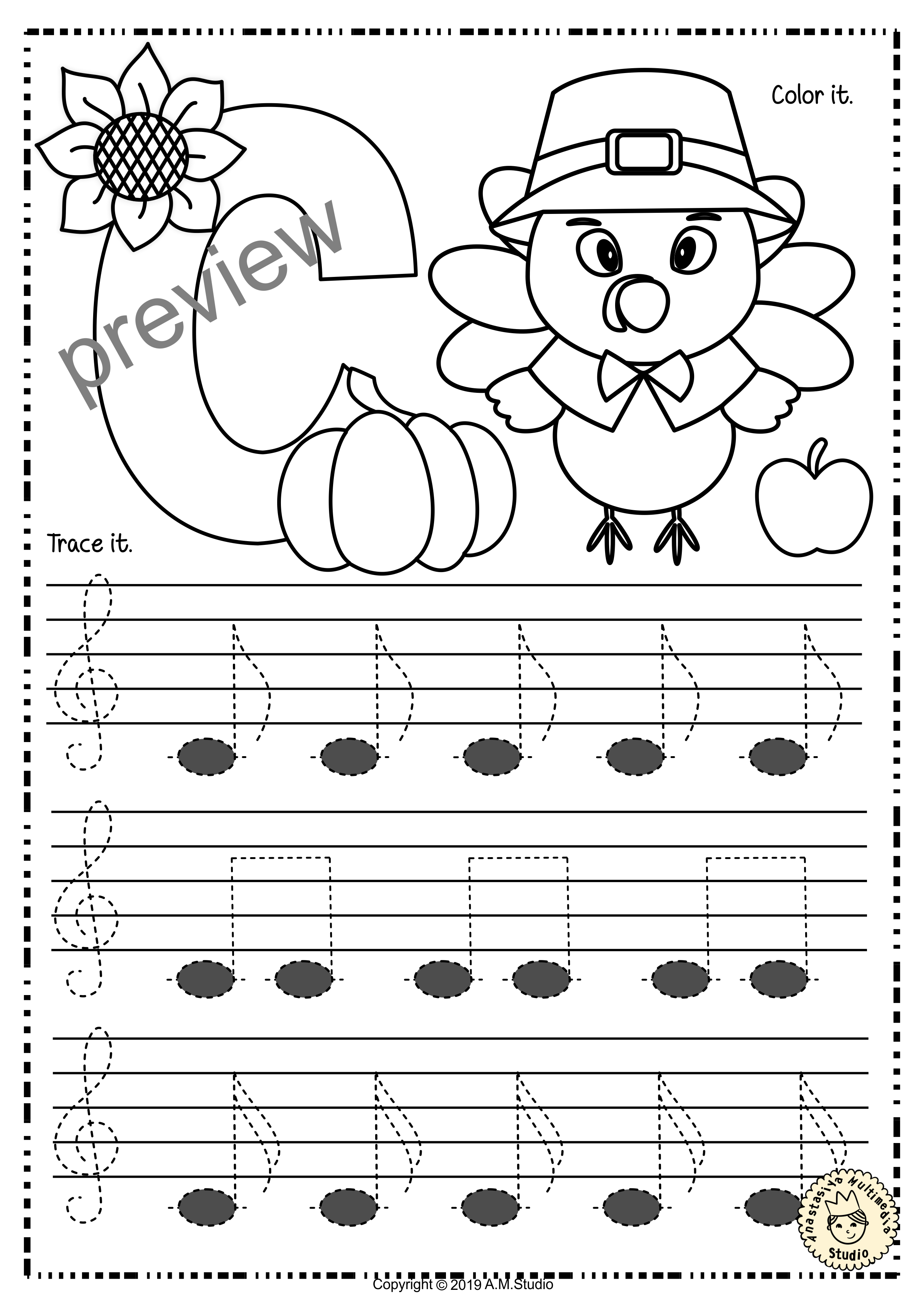 Treble Clef Tracing Music Notes Worksheets for Fall (img # 1)