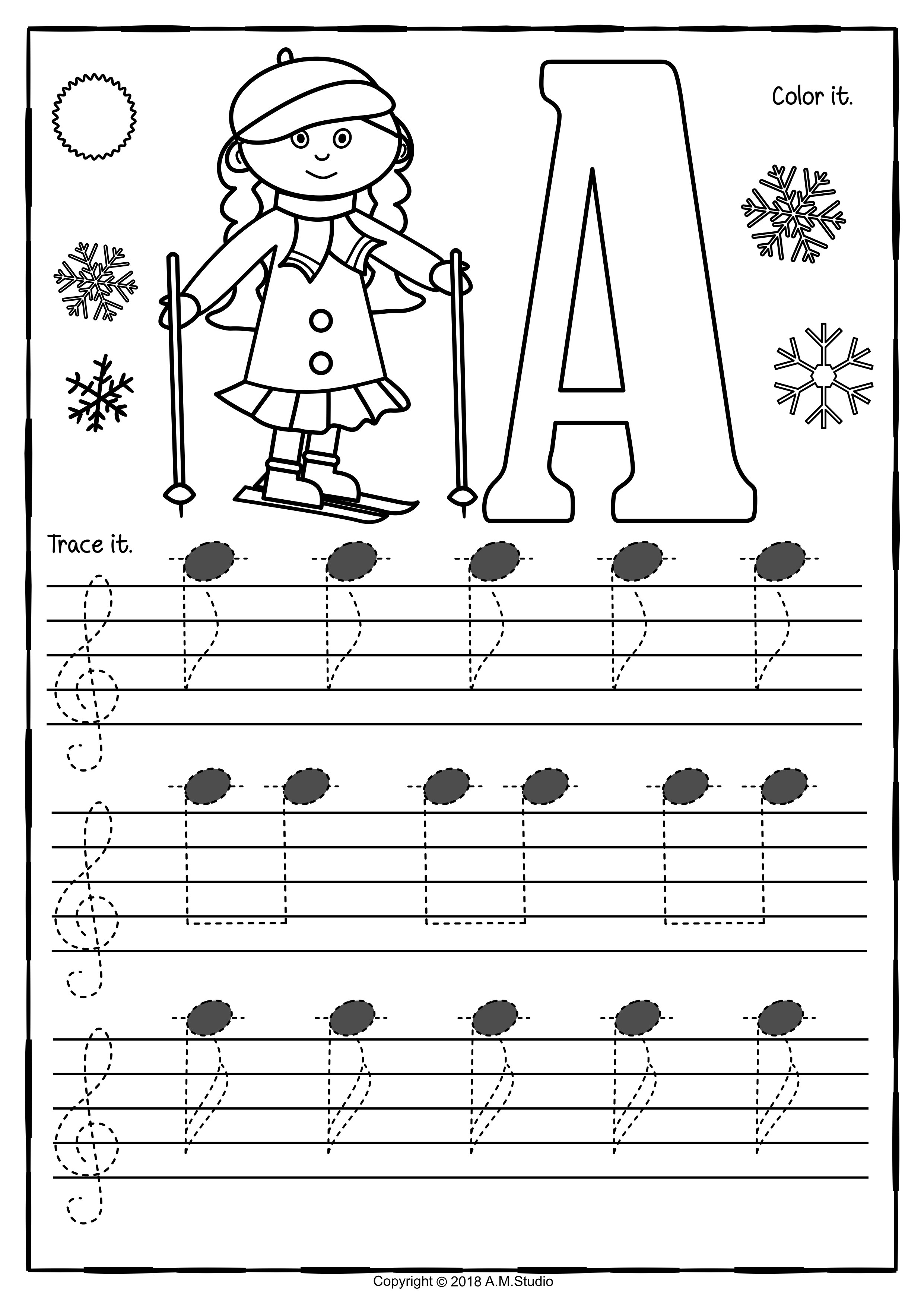 Treble Clef Tracing Music Notes Worksheets for Winter (img # 2)