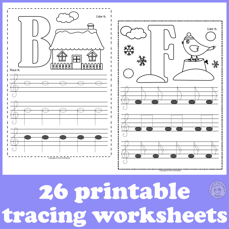 Treble Clef Tracing Music Notes Worksheets for Winter (img # 1)
