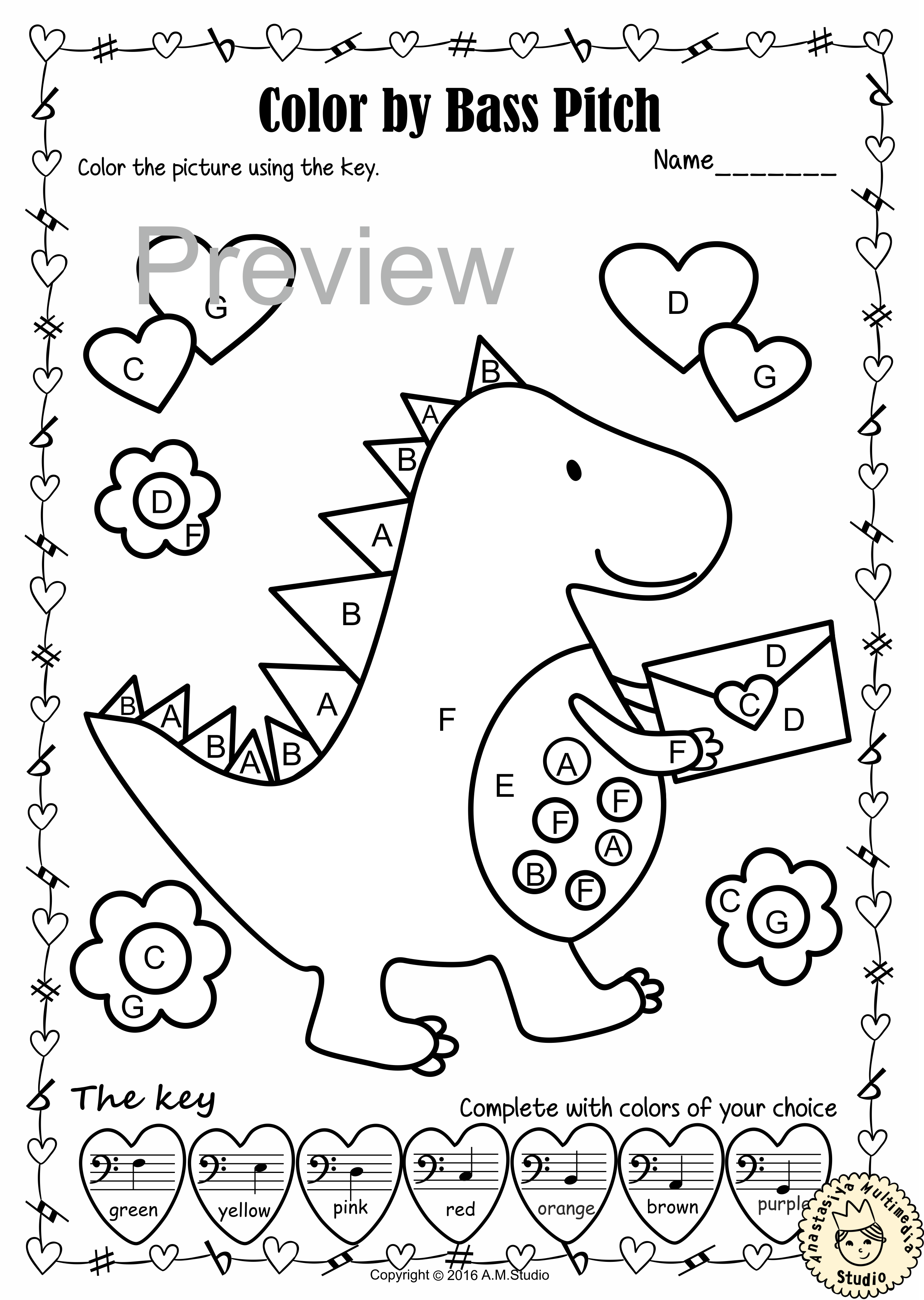 Valentine’s Day Music Coloring Pages | Color by Bass Clef Note Names (img # 1)