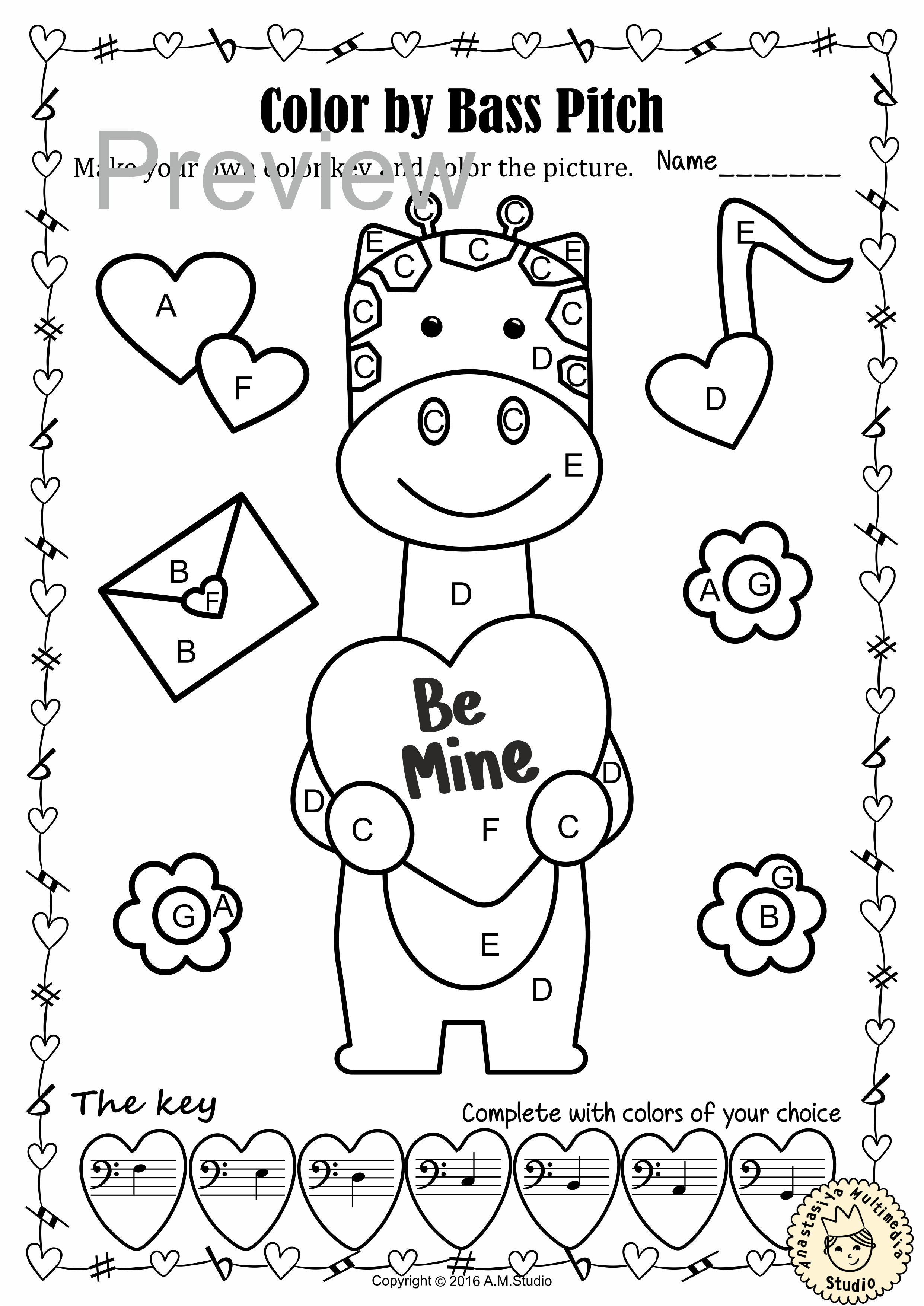 Valentine’s Day Music Coloring Pages | Color by Bass Clef Note Names (img # 2)