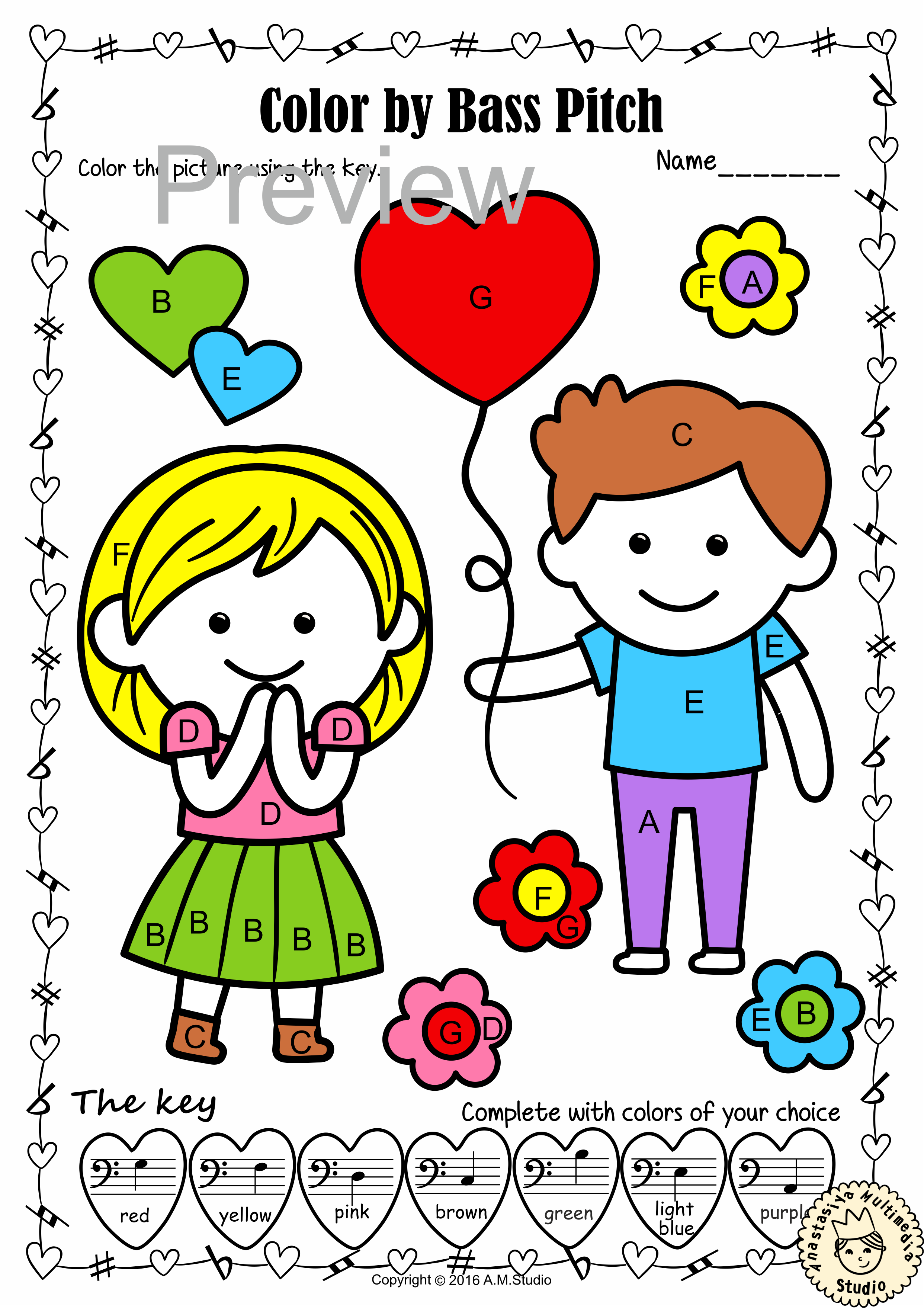 Valentine’s Day Music Coloring Pages | Color by Bass Clef Note Names (img # 3)