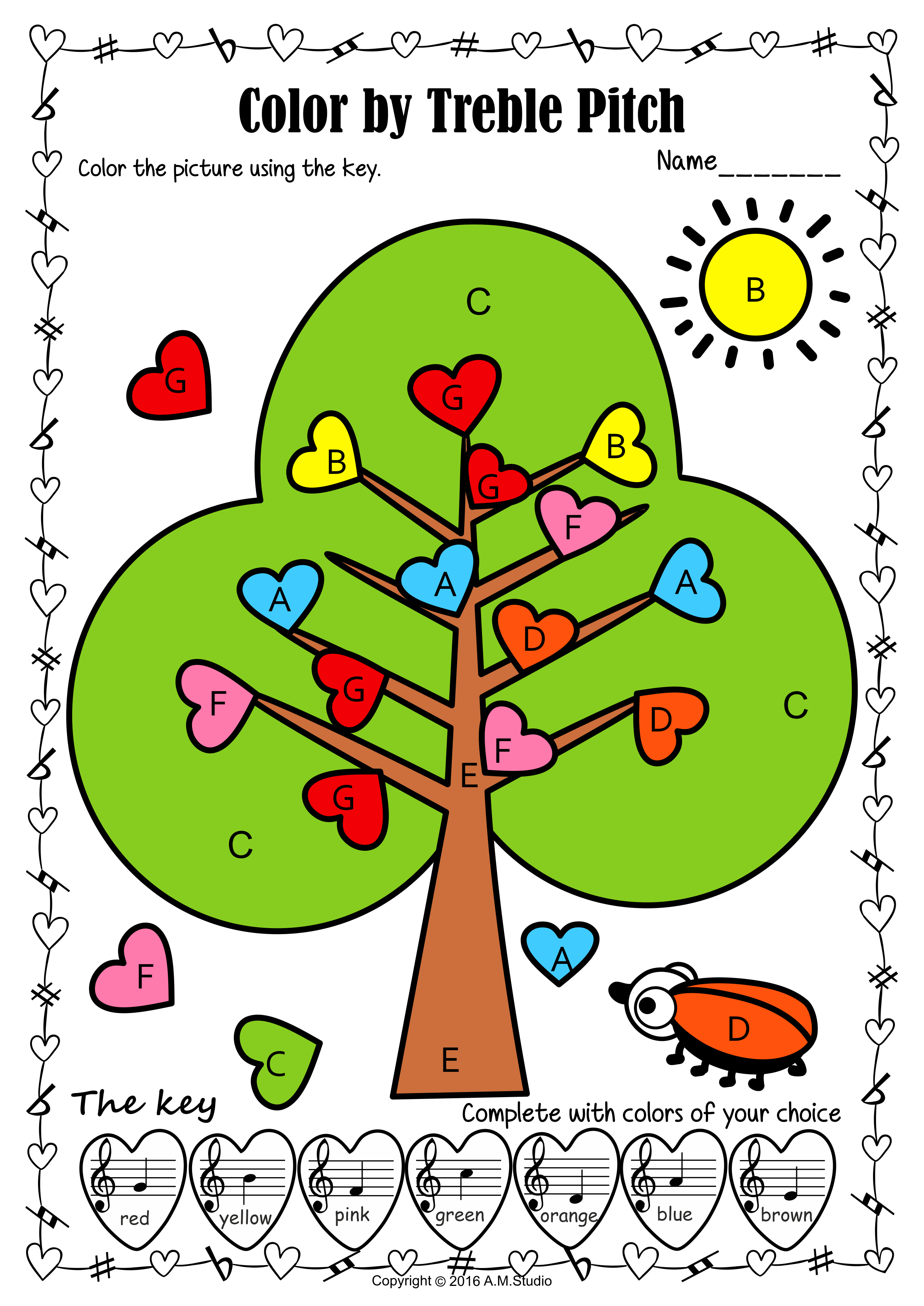 Valentine’s Day Music Color by Treble Clef Note Names Worksheets (img # 3)