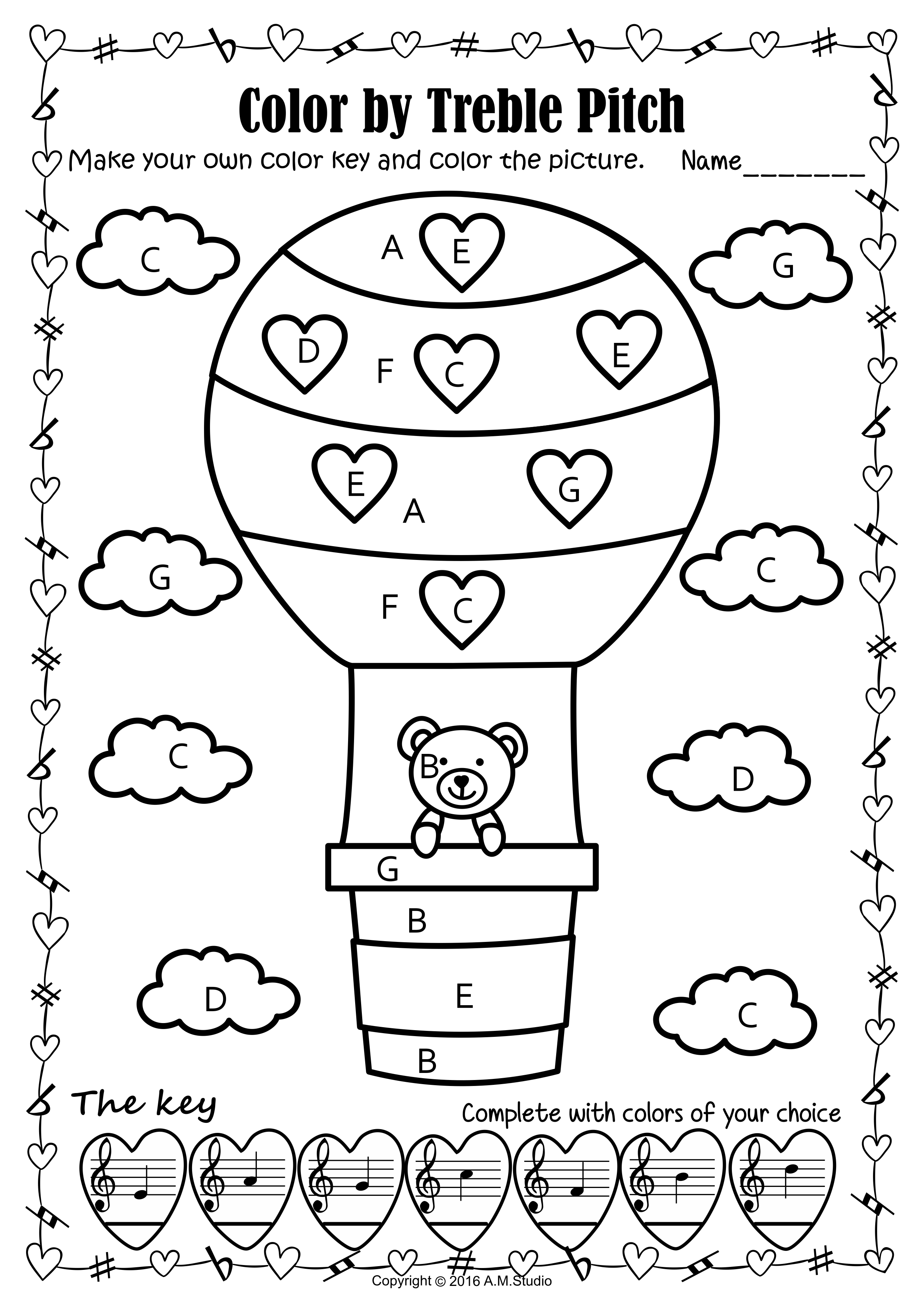 Valentine’s Day Music Color by Treble Clef Note Names Worksheets (img # 1)