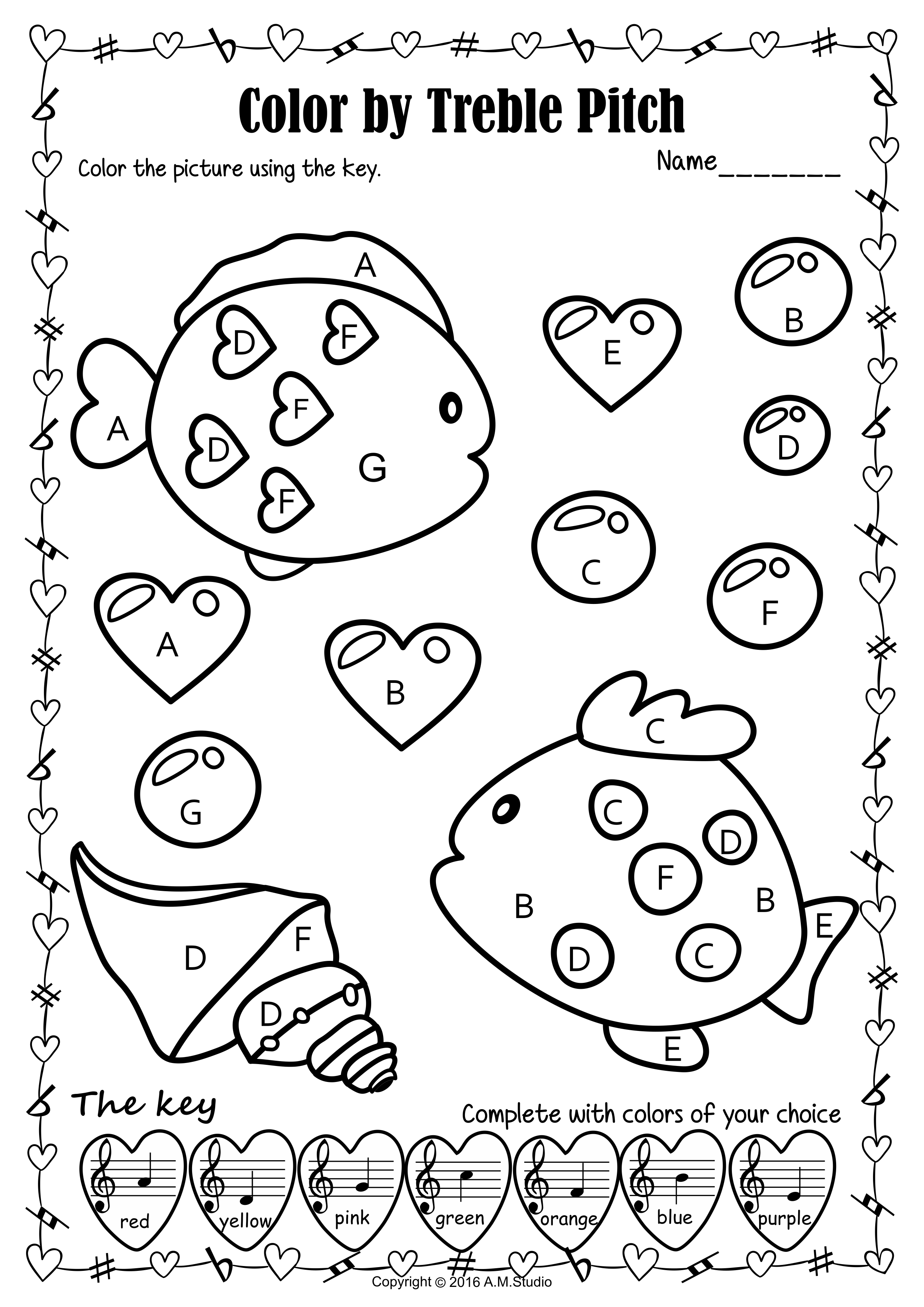 Valentine’s Day Music Color by Treble Clef Note Names Worksheets (img # 2)