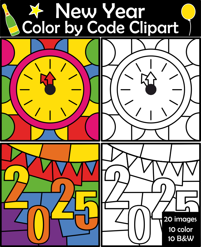 Happy New Year 2025 Color by Code Clipart (img # 3)